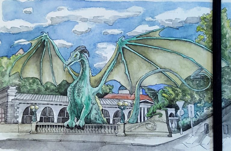 Inspired by the Dragon Bridge in Ljubljana, Slovenia - Ink pen and watercolour in Moleskine sketchbook