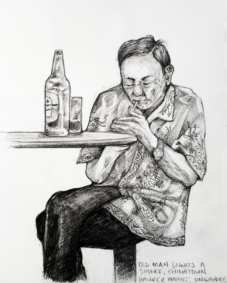 Life drawing of a man seen at Chinatown Hawker Markets, Singapore - Graphite pencil in sketchbook 