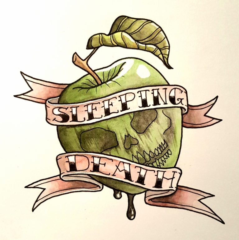 Tattoo flash based on Sleeping Beauty's poison apple - Ink pen and watercolour on watercolour paper