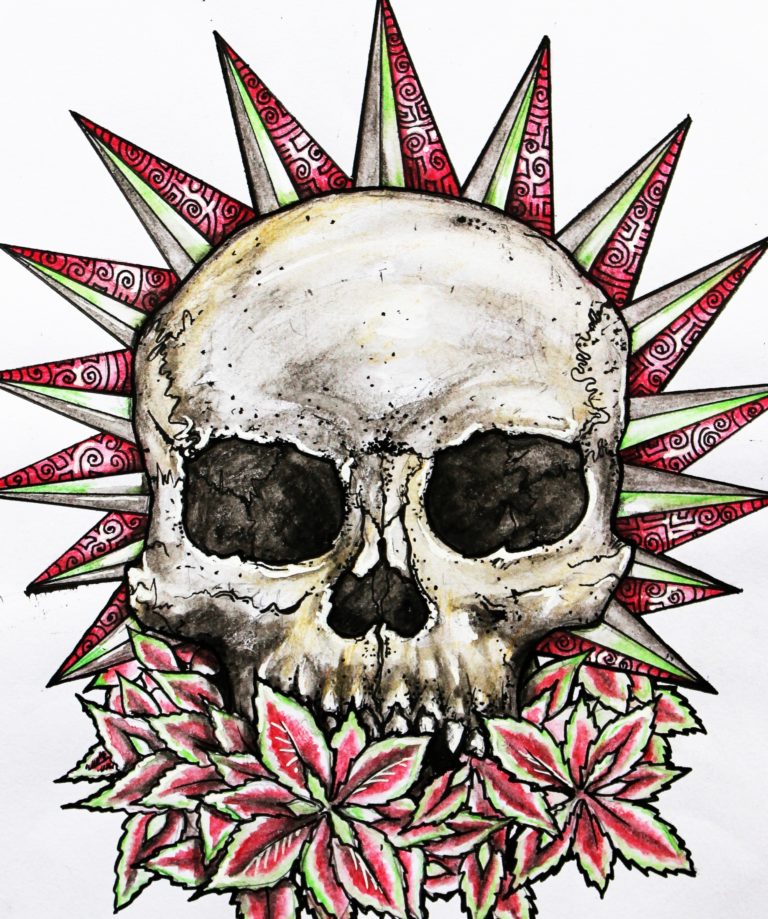 Skull design - Ink pen and watercolour pencils on paper
