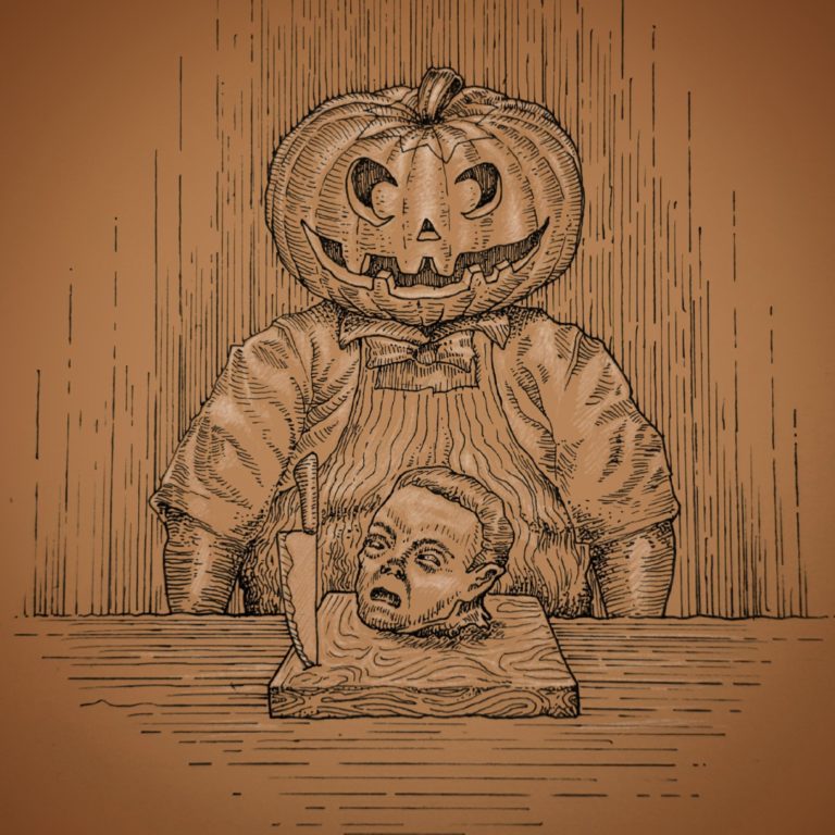 For an art challenge, 'Pumpkin Butcher' - Ink pen on paper, coloured digitally