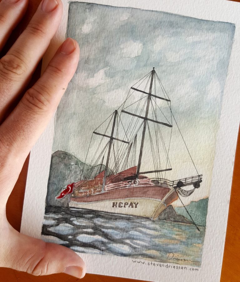 The boat where I spent some fantastic times on the South Coast of Turkey - Watercolour on watercolour paper