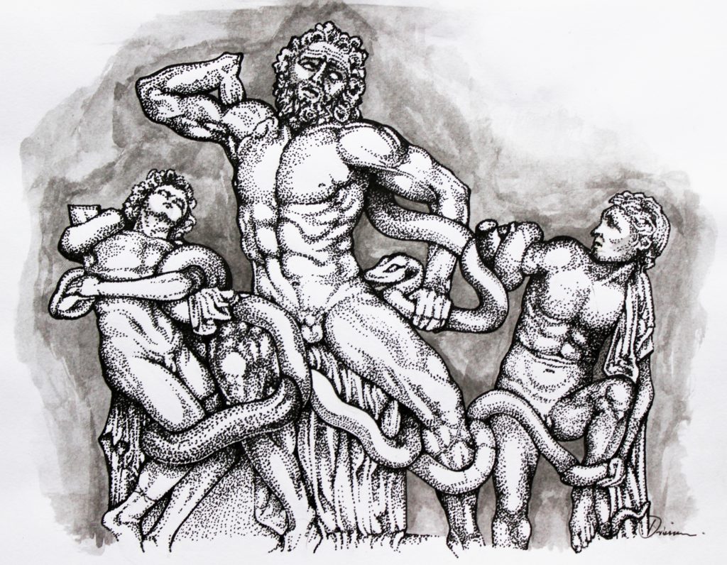 Drawing of sculpture 'Laocoon And His Sons' - Ink pen and watercolour on paper