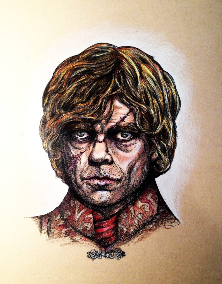 Portrait of character Tyrion Lannister - Ink pen and coloured pencils on tinted paper